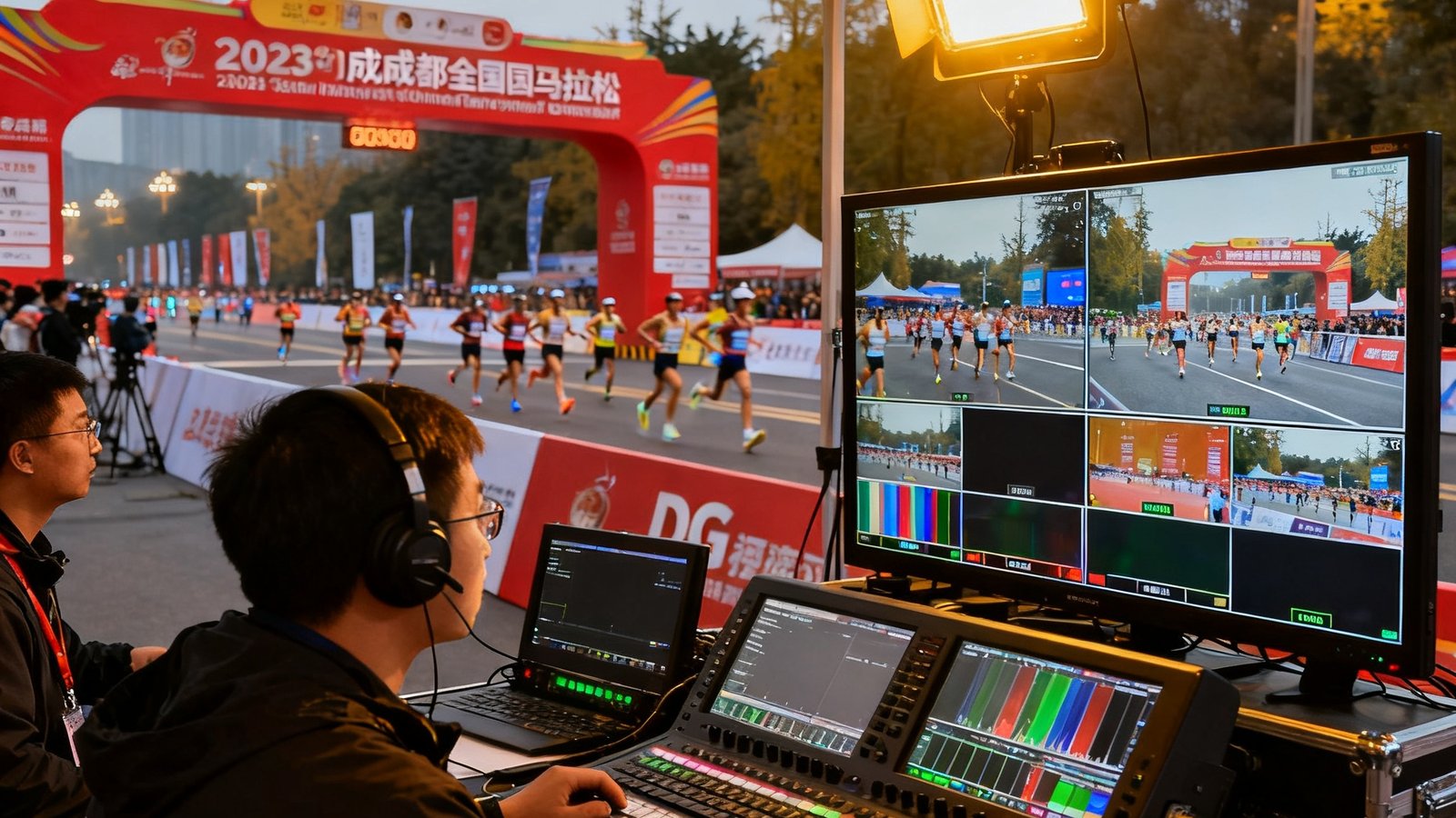 成都国际马拉松赛事直播现场，DG视讯技术团队在终点线附近操作导播设备，大屏幕实时显示多机位画面